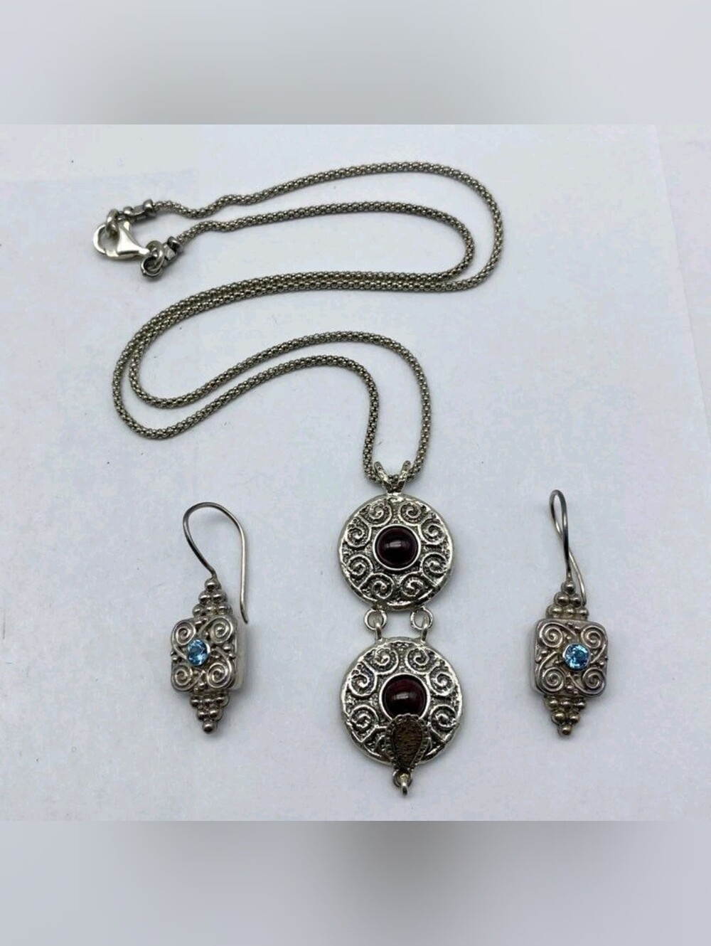 Sterling Silver Garnet Necklace Snd Topaz EarrIngs Sterling & 18k